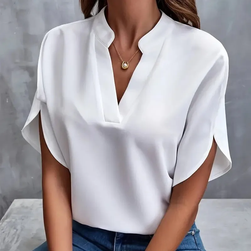 Women\'s temperament commuting 2024 summer new elegant casual solid color patchwork chiffon V-neck loose shirt top for women