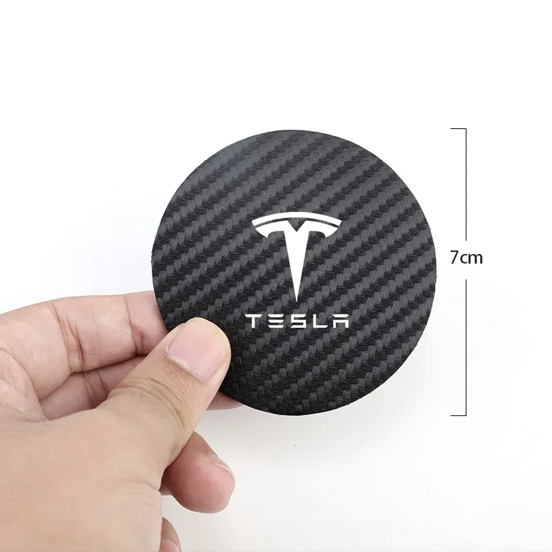 For 2Pcs Water Cup Mats Car Logo Leather Mats Noise Reduction Tesla Model 3 Y S X Cybertruck Juguete Roadster Coil Bonina view 4