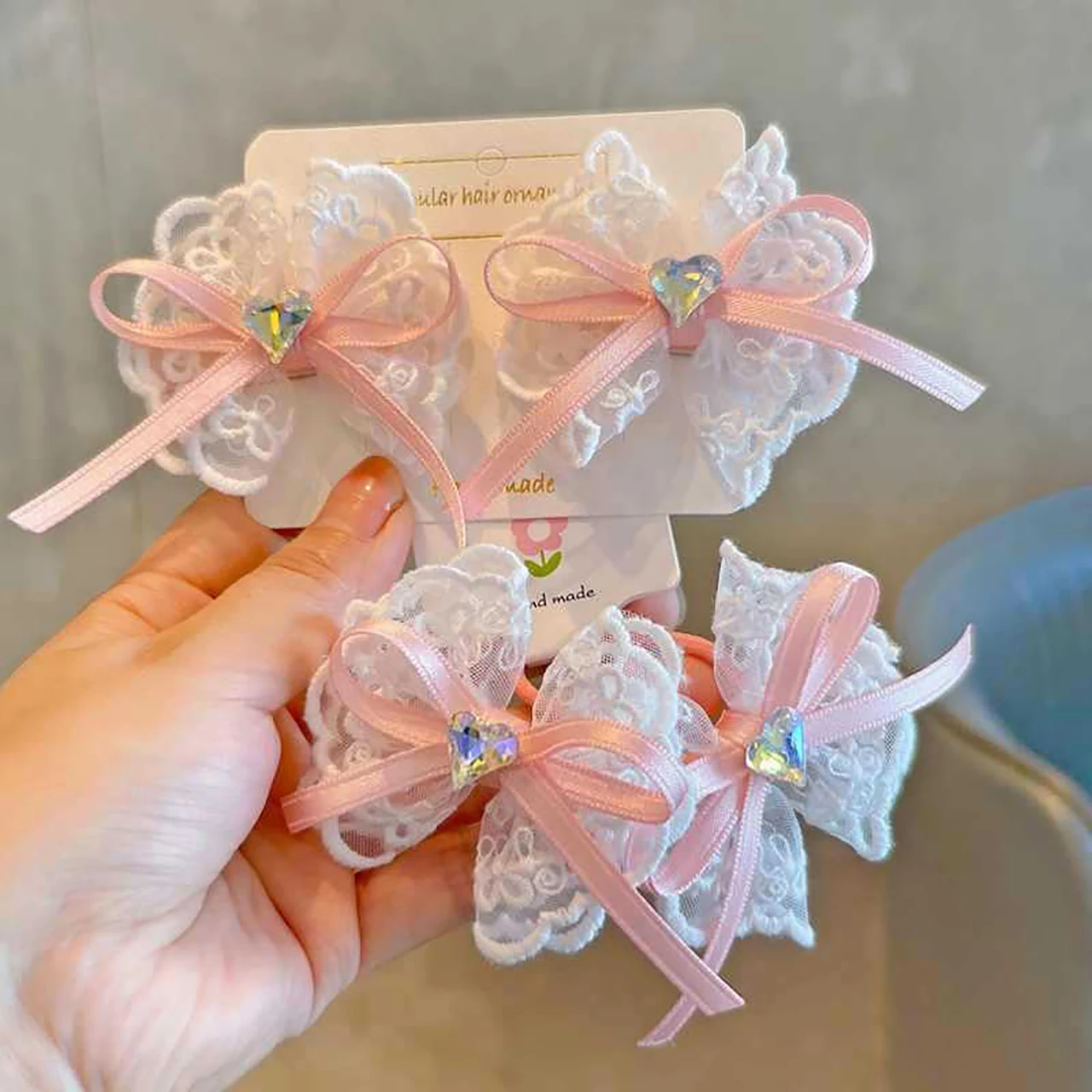

2PCS/Set Lace Bow Baby Headwear Heart Shiny Rhinestone Elastic Rubber Band for Girl Sweet Bowknot Hairpins Korean Kids Headdress