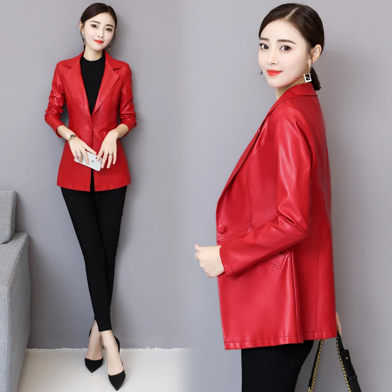 春秋の新作本物のシープスキンレザージャケット女性のミッドレングススリミング大きいサイズスーツアウター
