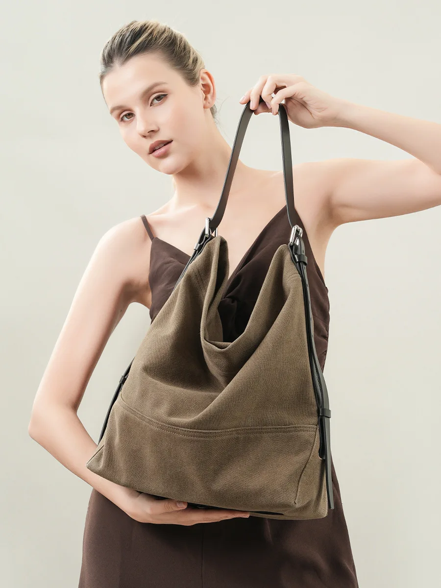 Vintage Leather Tote Bag Large Capacity Canvas Shoulder Bag Commuter Artistic Underarm Soft Bucket Bag Chinese Origin