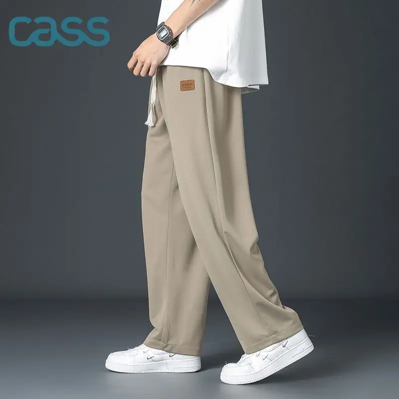 Pantalones de pierna ancha con parche de seda fina para hombre, pantalones clásicos de calle, informales, sueltos, rectos, con cintura de cilindro,