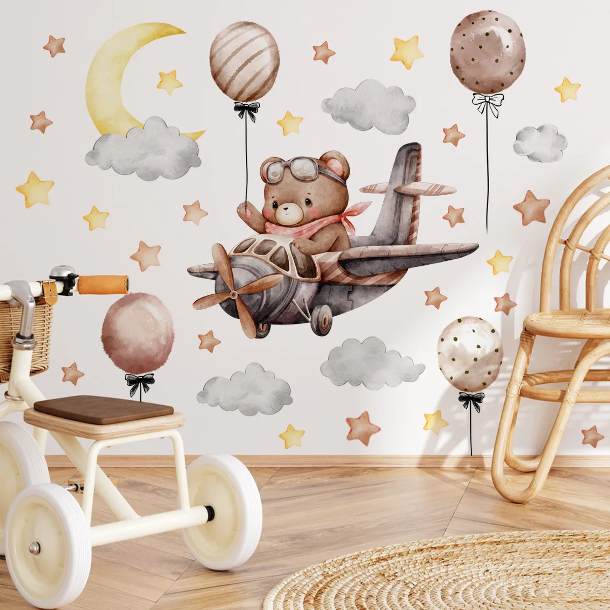 New cartoon flying plane cute bear moon balloon cloud stars children's room home decoration wall stickers