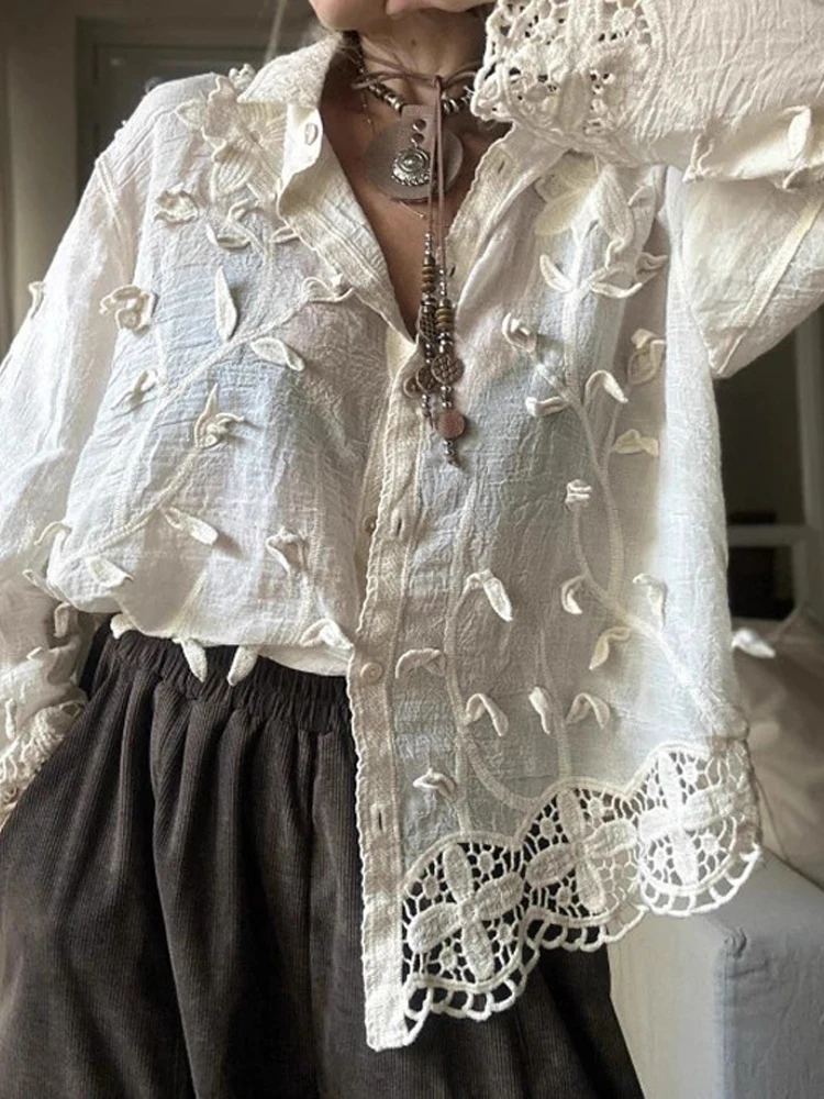 

Elegant Lapel Button Solid Color Shirt Fashion Long Sleeve Hook-stitch Clothing Tops Spring Autumn Casual Loose Women's Blouse