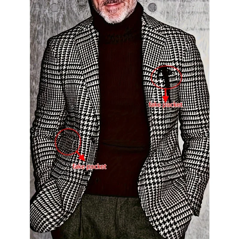 Men's Casual Vintage Houndstooth Suit Jacket With Chic Double Button Closure, Casual Business Style Outerwear, Old Money Style