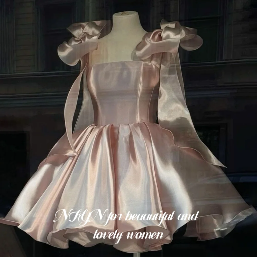 

NFYN Simple Pink Sexy Prom Dresses Mini Sleeveless Prom Gown for Woman A-Line Pleat Prom Gown with Bows robes du soir Customized