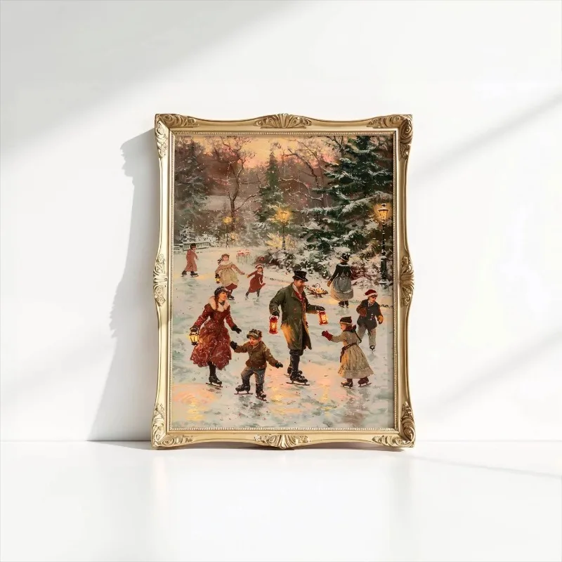 Vintage Winter Ice Skating Canvas Wall Art Fashion Snow Scene Nostalgic Christmas Holiday Home Wall Print Unframed Canvas Poster