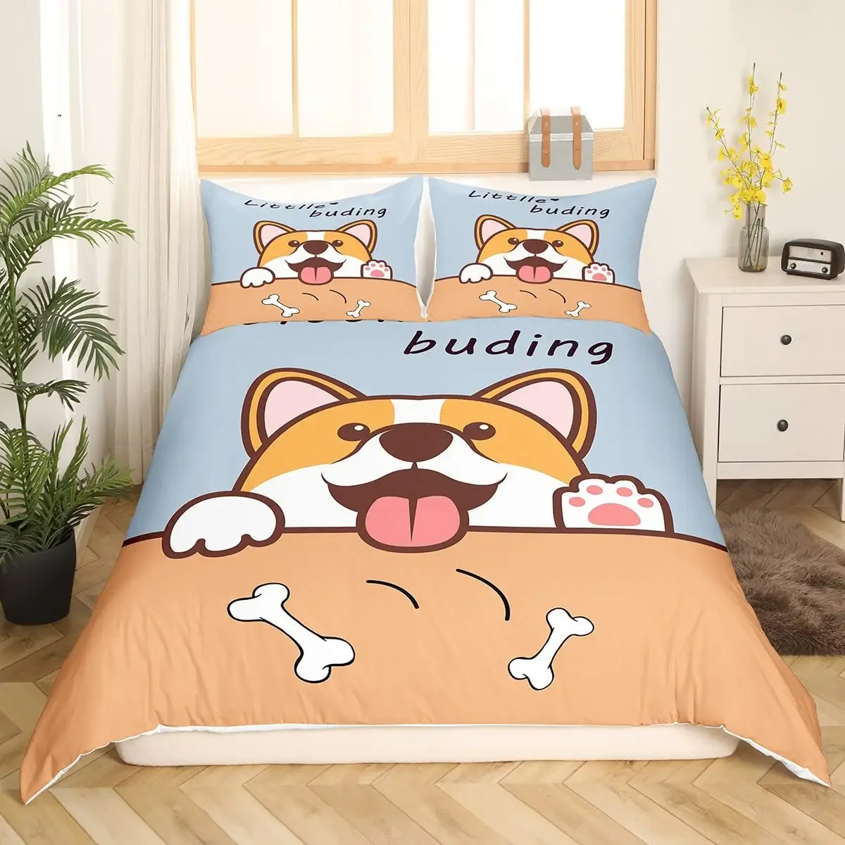 Cartoon Shiba Inu King Queen Bedding Set Yellow Pet Puppy Duvet Cover Cherry Blossoms Tree Quilt Cover Polyester Comforter Cover