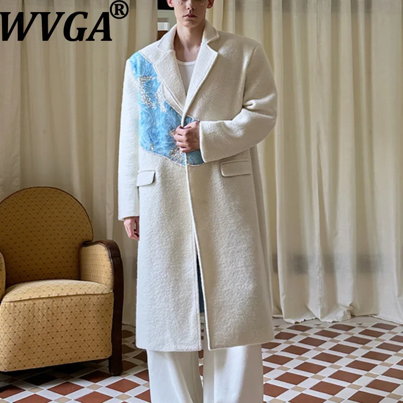 WVGA Autumn Winter New Men's Tide Beaded Mid-Length Design Trendy Wool Overcoat Niche Chic Casual Color Block Jackets Ins W17882