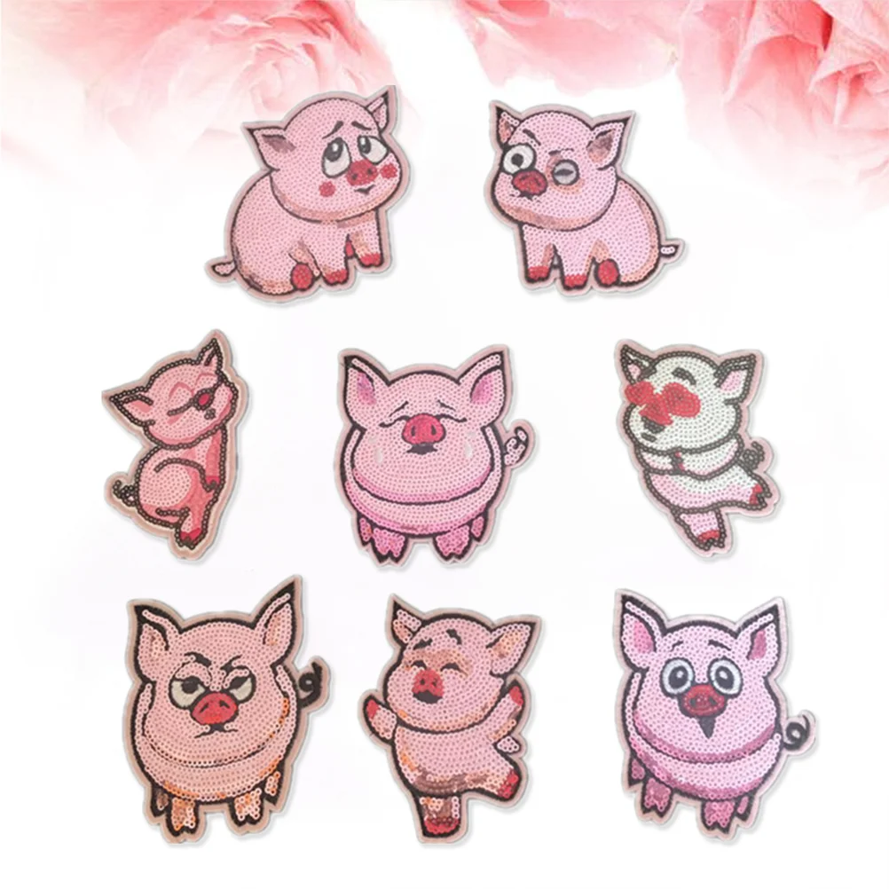 8 Pcs Sequin Motif Applique Sewing Patches Clothing Patch Cartoon Shaped Pig Assorted Size Decoration Sew Patches for DIY Jeans