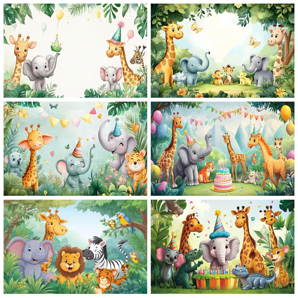 Tropical Jungle Forest Animal Photography Backdrop Lion Giraffe Green Leaves Baby Birthday Party Decoration Photozone Background