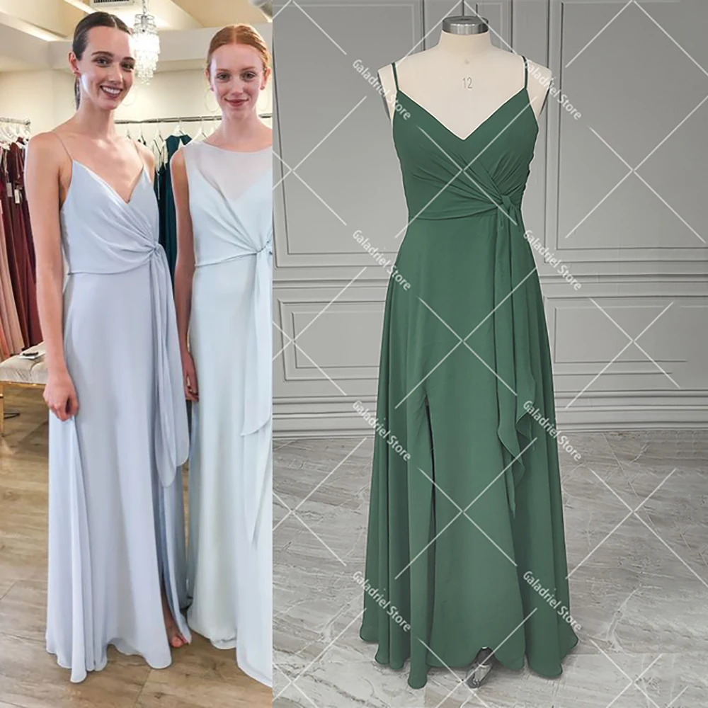 

A Line Simple Chiffon Solid Color Wedding Guest Dress Full Length Spaghetti Straps Custom Made Ruched Sweetheart Bridesmaid Gown