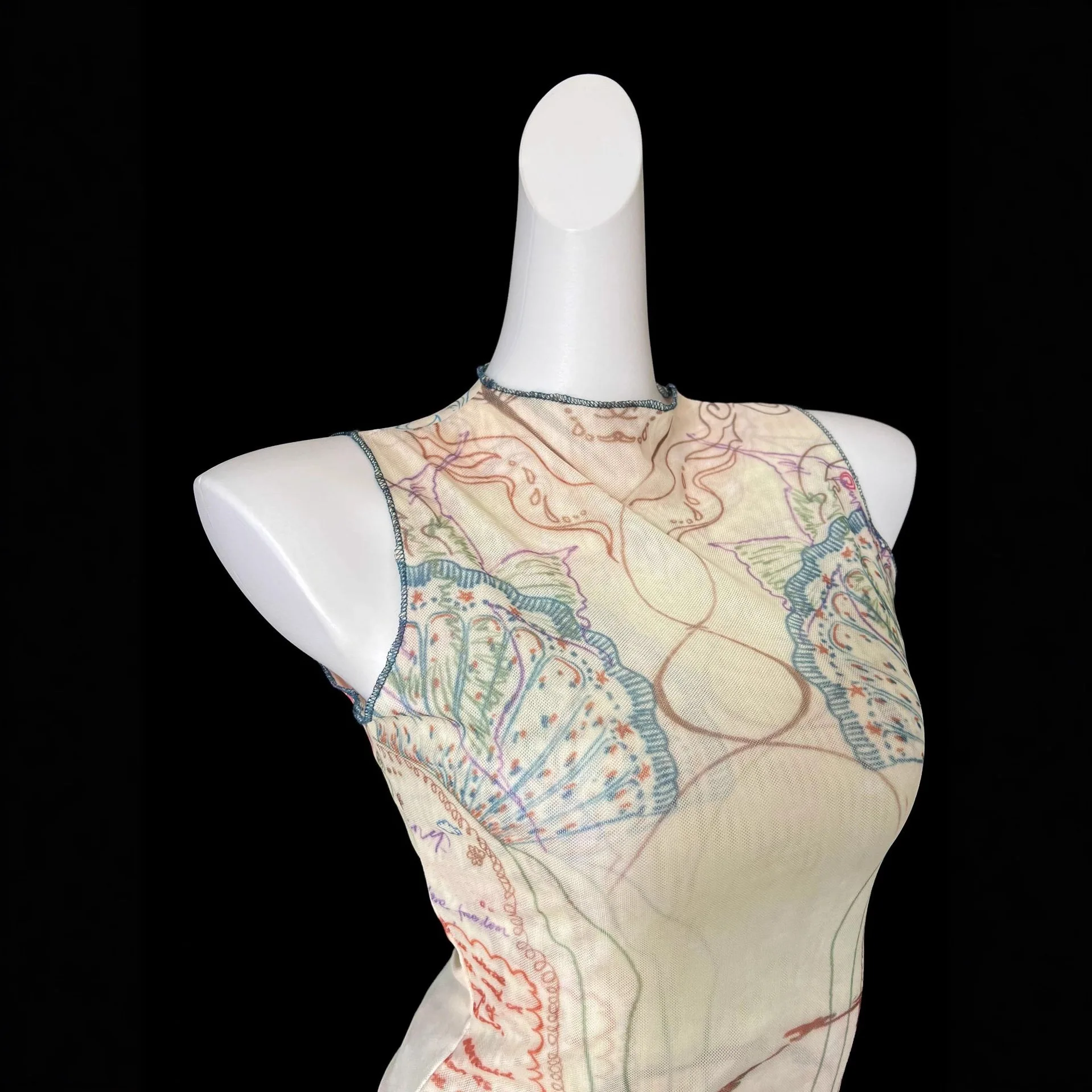 Double-Layer Fabric Encrypted Hemming Beautiful Printed Half Turtleneck Short-Sleeved T-Shirt  Pure Sexy Sexy Mesh Shirt
