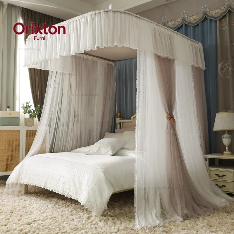 2 Layer Rail Mosquito Net Princess Palace Lace Bed Canopy for Girls Room with Aluminium Alloy Frame for 1.8 2.0M Bed