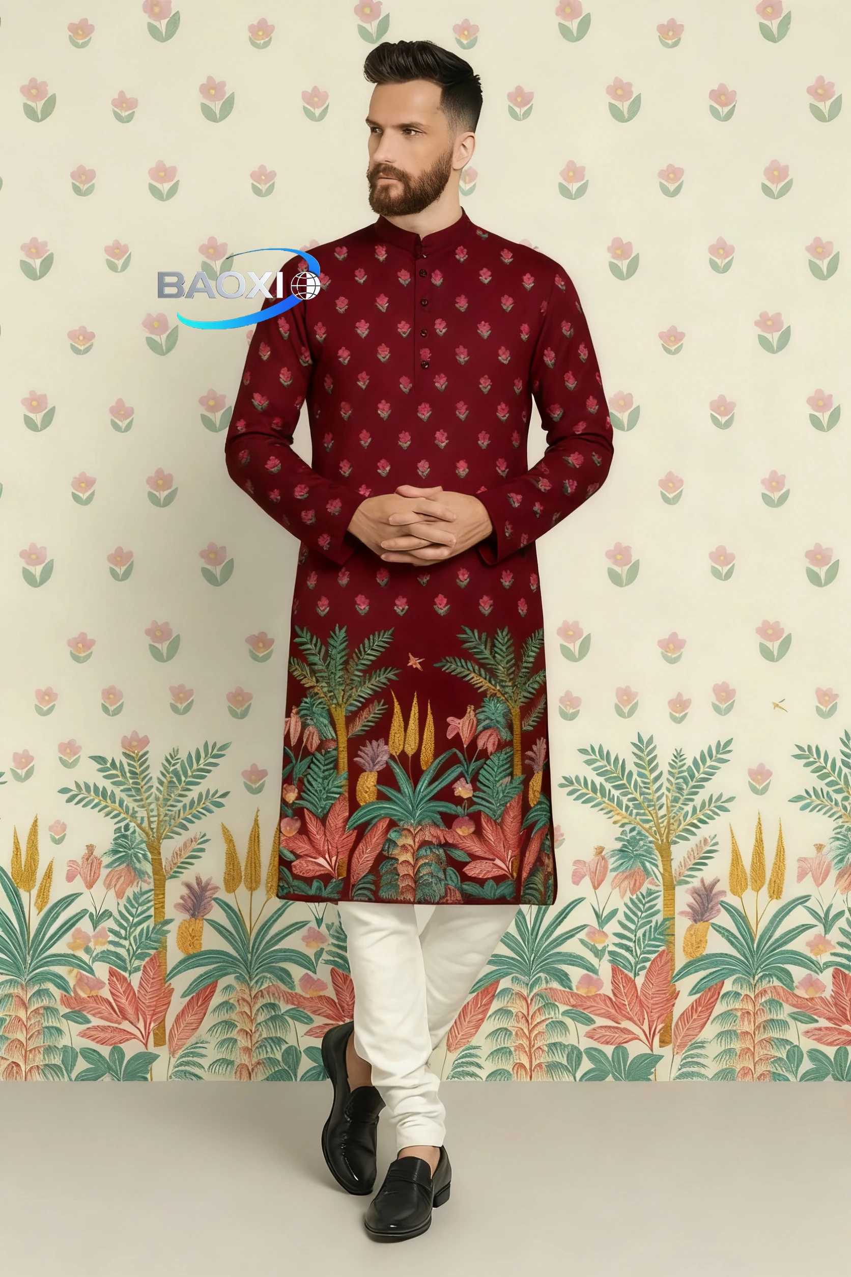 Kurta Eenha com estampa digital masculina equipada com gola mandarim estilo longo adequado para todas as ocasiões, como casamentos