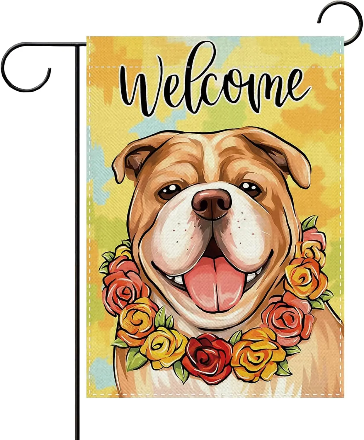 Welcome Spring Summer Bulldog Decorative Garden Flag, Oil Painting Puppy Floral Small Yard Outside Decoration, Pet Dog Owner MMZ