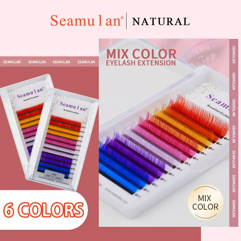 Seamulan Mix Color Eyelashes Make Up High Quality Soft Natural Synthetic Mink Rainbow 6 Colors Mix Eyelash Extension Supplies