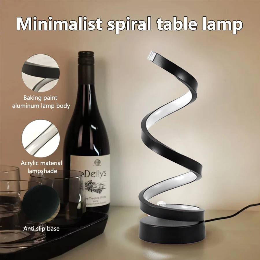 Lampu meja Spiral minimalis Modern, lampu dekorasi ruang tamu kamar tidur Bar kafe meja portabel 3 warna LED