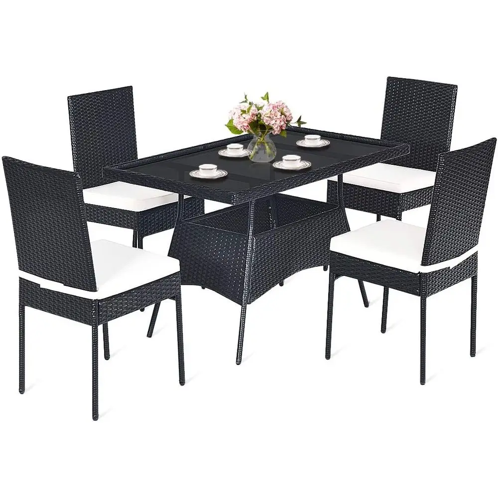 

5 Pieces Patio Rattan Dining Set, Outdoor Wicker Bistro Table Set with Glass Tabletop & 4 Cushioned Chairs, ern Dining urniture