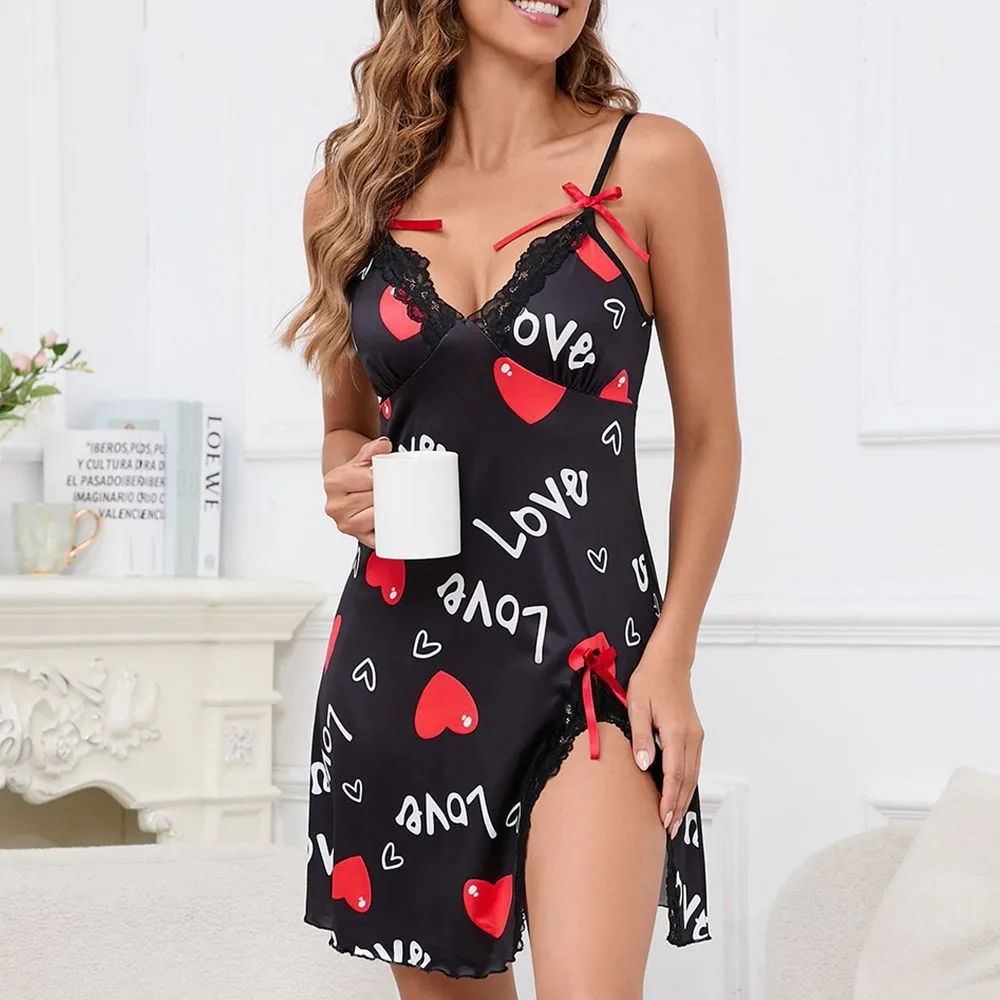 Women Sleepwear Nightgown Sexy Lingerie Love Printed Halter Backless Mini Dress Casual Pajamas Sleepshirts Nighties