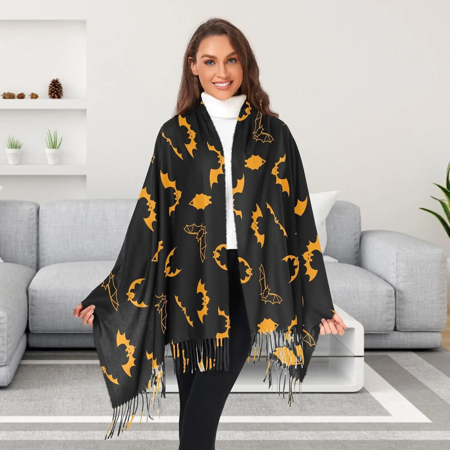 

Women's Halloween Bats Scarf Pashmina Feel Shawls Wraps Fall Winter Warm Large Scarves Fashion Tassel Long Scarf
