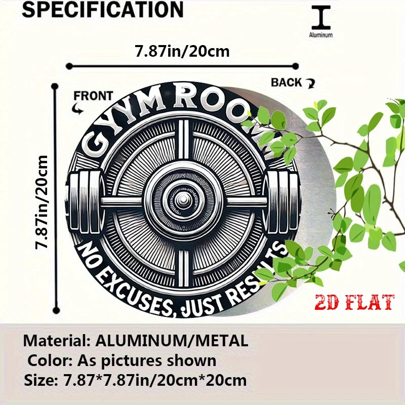 2D Flat, Gym Motivation Metal Wall Decor - No Excuses Just Results Workout Sign, for Home Gym, Garage, Office, Fitness Center