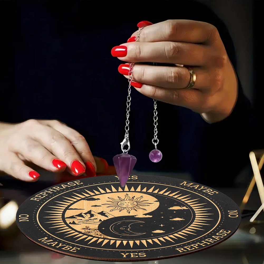 Wooden Pendulum Board Sun Moon Divination Board Yes No Maybe Engraved Plate for Dowsing Tarot Altar Decoration 3 Sizes Available
