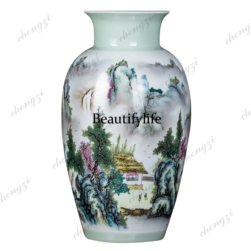 Jingdezhen ceramic landscape vase, large vase, large living room decorative ornament, modern home Chinese style