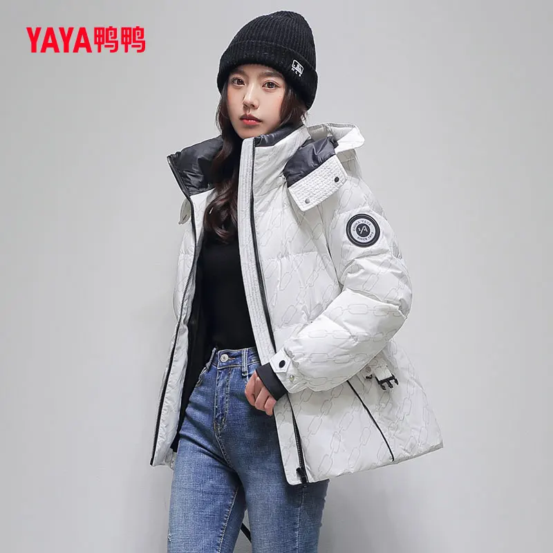 

YAYA 2022 Women's Down Jacket Detachable Hood Waist Belt Retraction Fluorescence Fabric Winter Ladies Overcoat Padded Parka