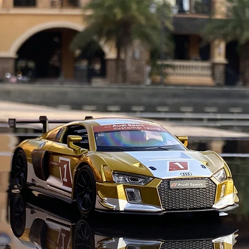 1:32 AUDI R8 Le Mans Legering Racewagen Model Diecast & Toy Vehicles Metalen speelgoedautomodel Geluid en licht Collectie Speelgoedcadeau