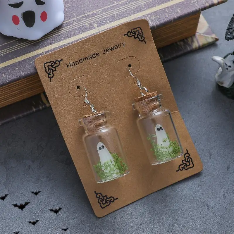 Luminous Ghost Necklace Halloween Tiny Glow Drifting Bottle Adopt Ghost Earrings Creative Design Green Specter Jewelry Gift