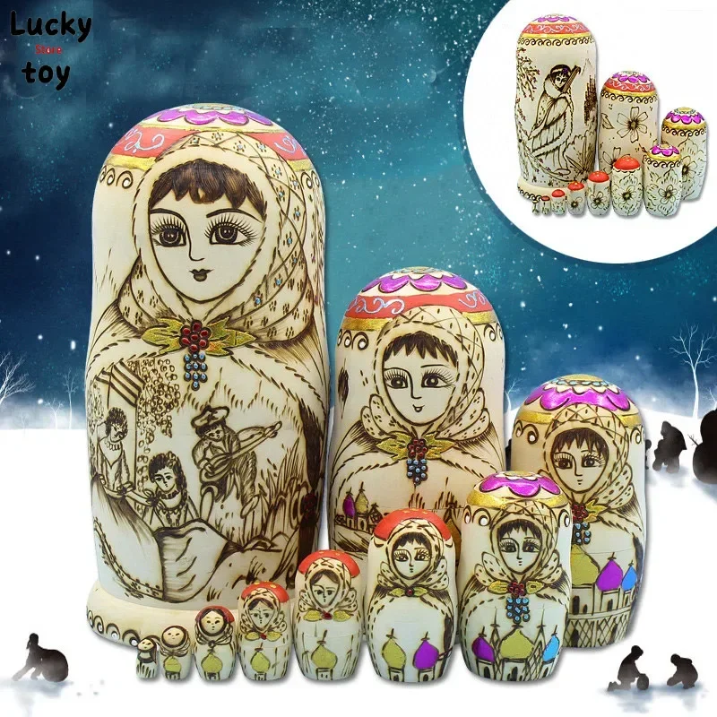 

Fashion Big 10 Layer Carved Handicraft Russian Dolls Dry Basswood Nest Matryoshka Doll Hand-Made Wooden Ethnic Dolls L30