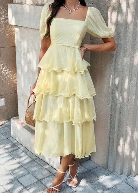 Vestidos Femininos 2026 Primavera Verão Novo Vestido Longo Casual de Cor Sólida com Decote Quadrado, Manga Bufante, Cintura Alta e Costas Abertas em Camadas