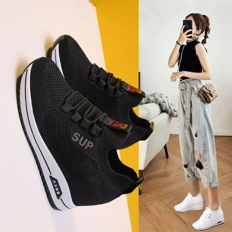 Hot Sale Women Shoes Summer Hidden Heel Wedges White Pink Sneakers Female Platform Breathable Mesh Black Heels Casual Shoe