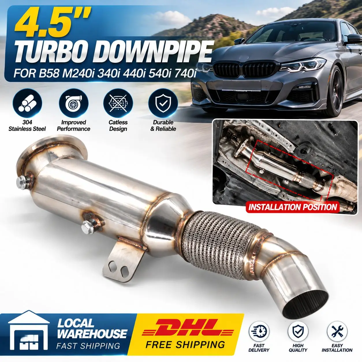 Nuovo tubo di scarico turbo in acciaio inossidabile da 4,5 pollici per BMW b58 m240i 340i 440i 540i 740i, ricambi per la modifica dell'auto