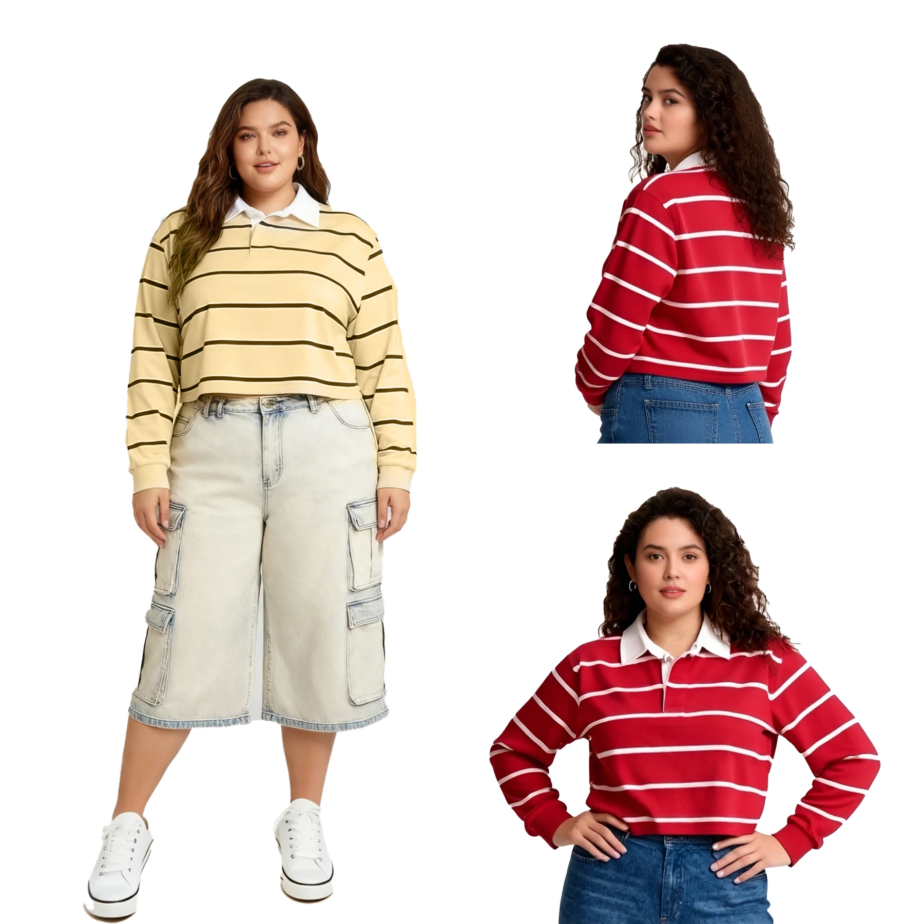 

2026 Весенняя женская свободная футболка с длинными рукавами и воротником с лацканами, модный облегающий короткий топ в полоску с принтом для девочек больших размеров