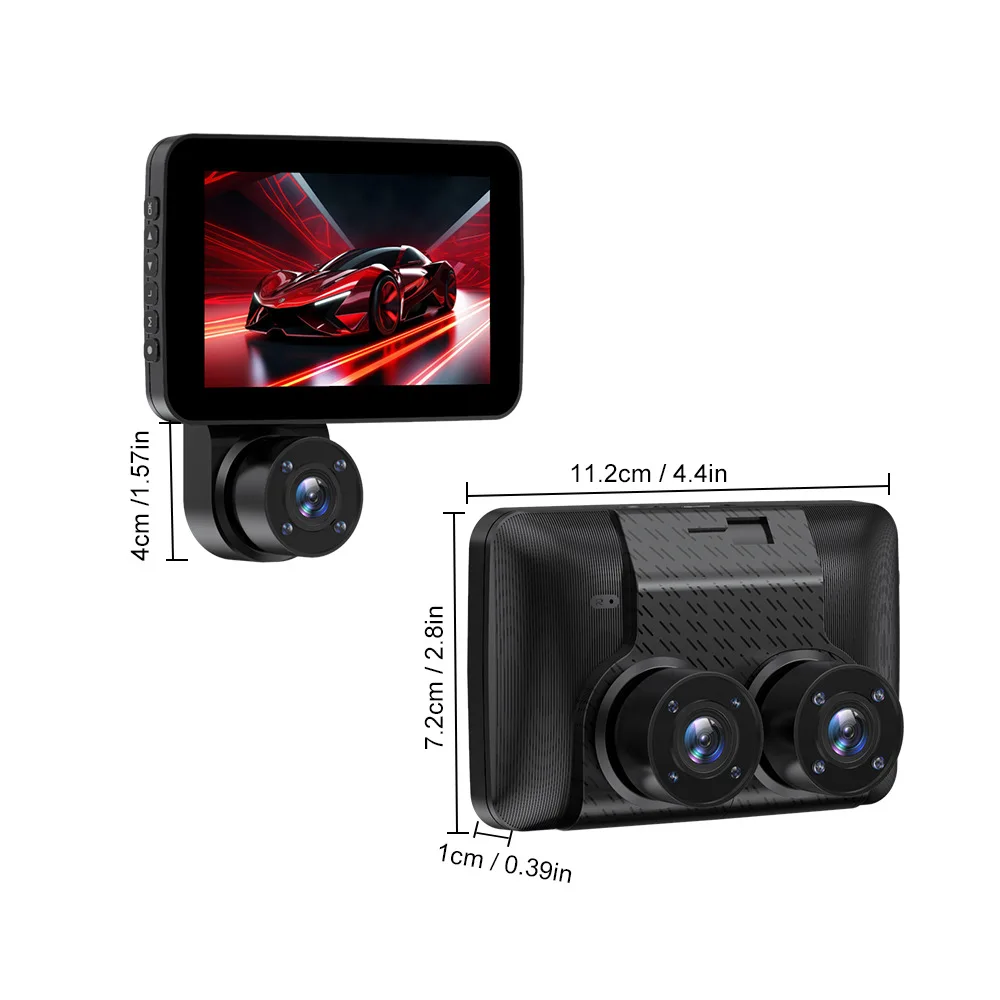 

Видеорегистратор HONGTONG 4.0 дюйма HD с тремя объективами, инфракрасным ночным видением, тройной записью, функцией камеры заднего вида, для международного использования