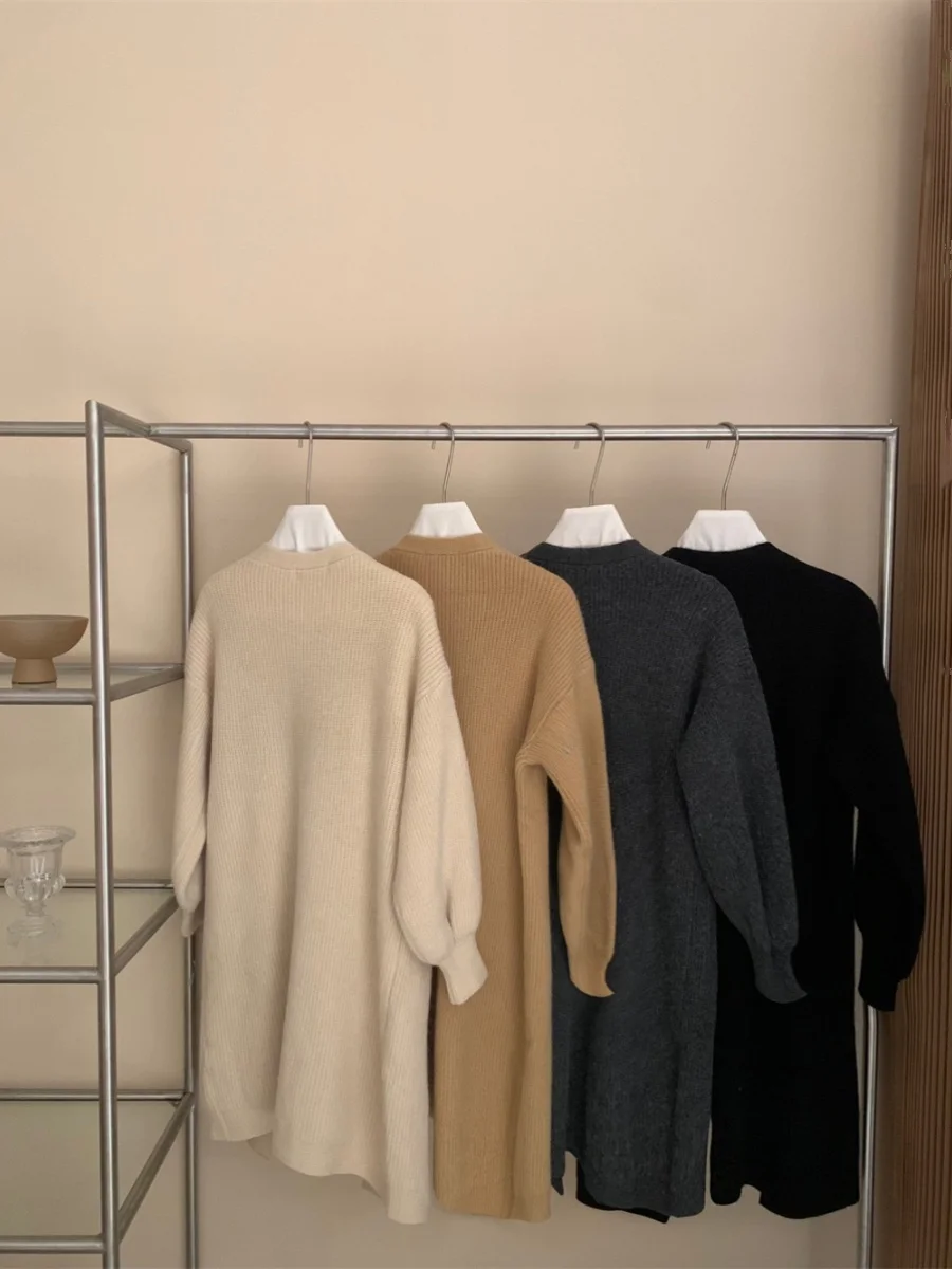 Laid-ba Sle Buttonl Gestrickter langer Mantel Oulder Wrap Vintage Vielseitiger lockerer Damenpullover V-Ausschnitt Mittellang Sve