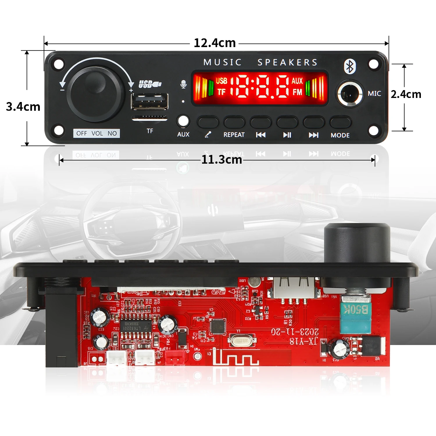 50 واط 18 فولت مكبر للصوت بلوتوث 5.0 MP3/WAV لوحة فك التشفير - نظام صوت السيارة Hi-Fi مع ميكروفون 6.5 ملم، FM/USB/TF وكسب قابل للتعديل