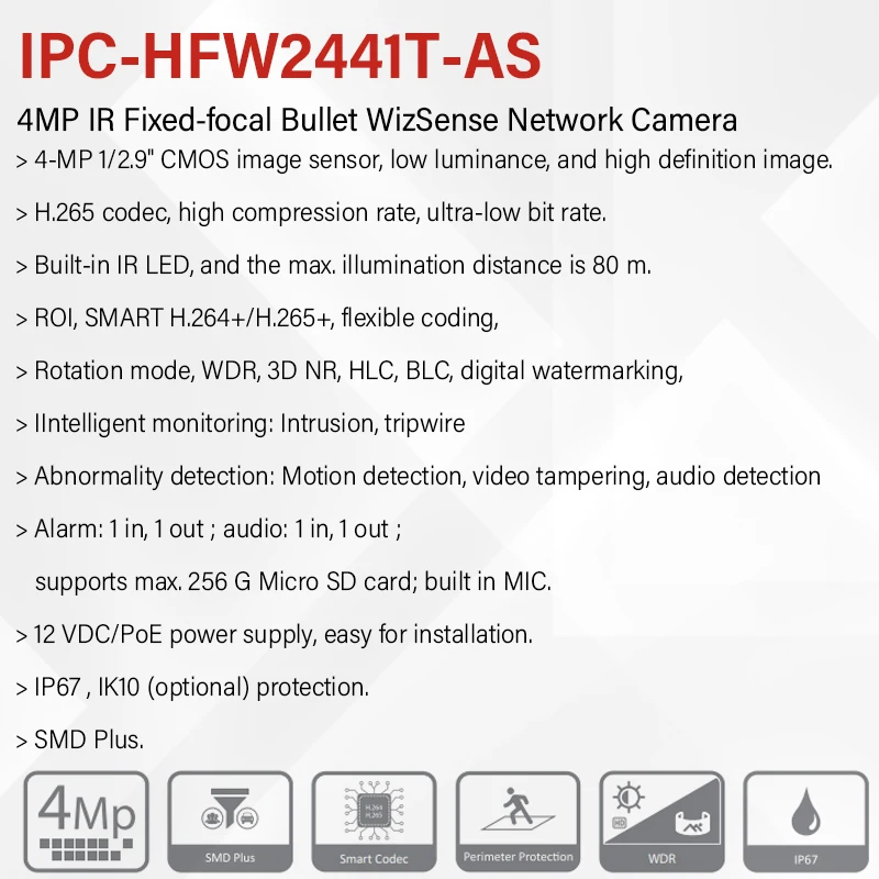 داهوا 2K 4K رصاصة WizSense كاميرا شبكة مراقبة مع إنذار منفذ الصوت Mic PoE للرؤية الليلية IR 80m رصاصة IPC-HFW2441T-AS HFW2841T-AS