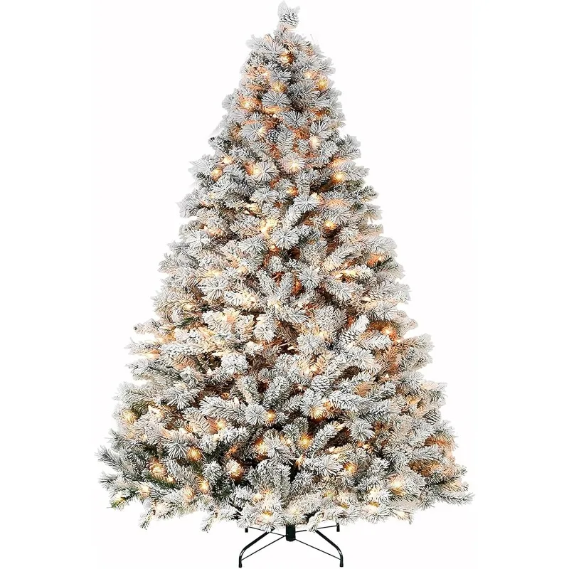 Hykolity 7.5 ft Snow Flocked Christmas Tree, Artificial Christmas Tree with Pine Cones, 500 Warm White Lights, 1446 Tips,