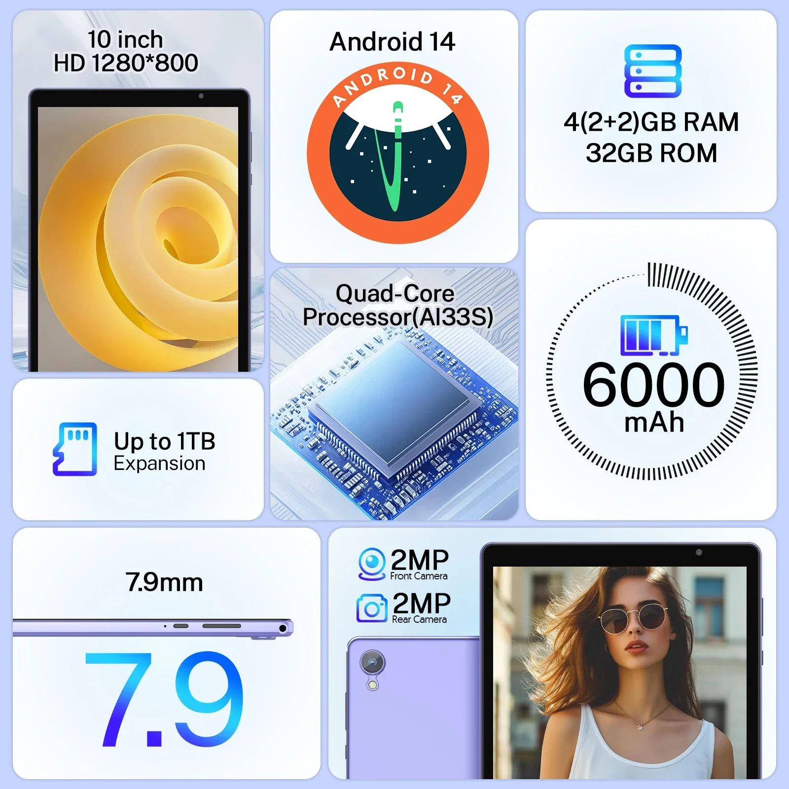 최신 안드로이드 14 태블릿, 10인치 태블릿, 쿼드코어 프로세서, 5G 와이파이, 4GB ROM + 32GB RAM, 1280*800 해상도, 8000mAh 배터리