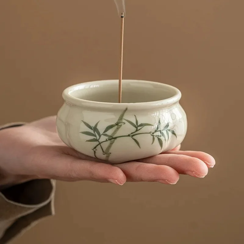 Emerald Green Asparagus Fern Three-Legged Incense Burner Home Indoor Chinese Zen Tea Set Ceramic Aromatherapy Stove Tea Ceremony
