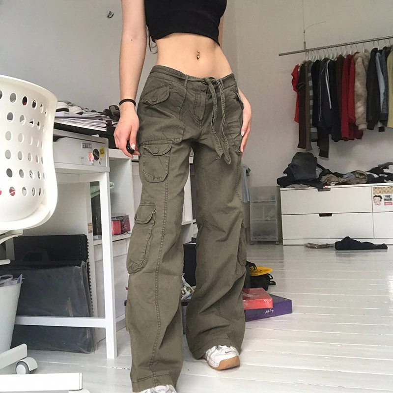 

Retro Gray Overalls Wide Leg Cargo Women Pants Women's Trousers Sexy Low Waist Loose Casual Trousers Vintage Streetwear Z274