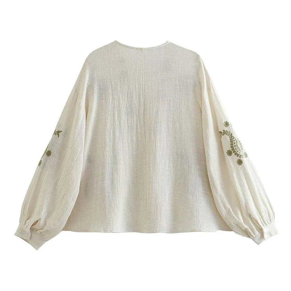 Womens New Loose Cotton Embroidery Shirt Stylish Elegant Long Sleeve Top