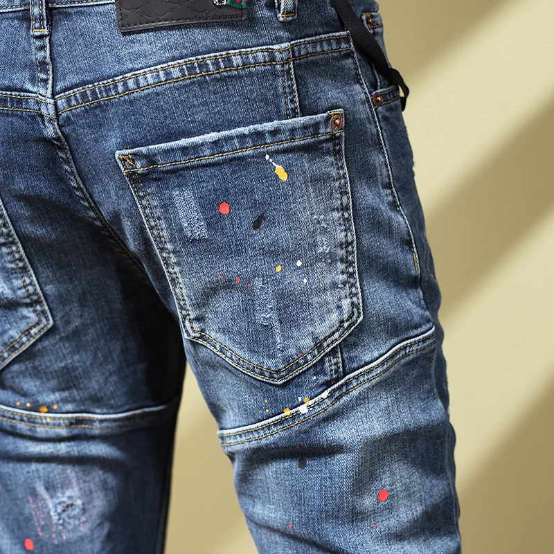 High Street Fashion Men Jeans Retro Blue Elastic Stretch Slim Fit Painted Ripped Jeans Men Spliced Designer Hip Hop Pants Hombre
