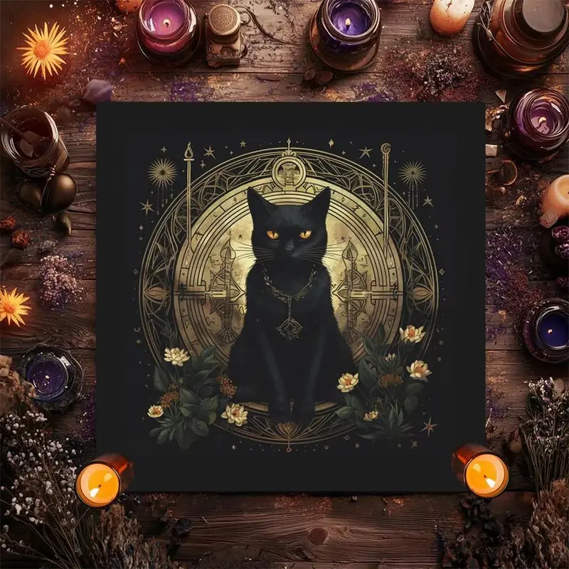 VIKAMA Black Cat Altar Cloth Magic Circle Tarot Card Reading Mat Witchcraft Witchy Spiritual Home Table Decor