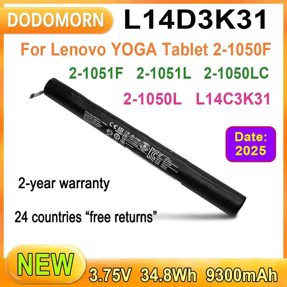 New L14D3K31 High Quality Battery For Lenovo YOGA Tablet 2-1050F 2-1050L 2-1051F 2-1051L 2-1050LC L14C3K31 3.75V 34.8Wh  9300mAh