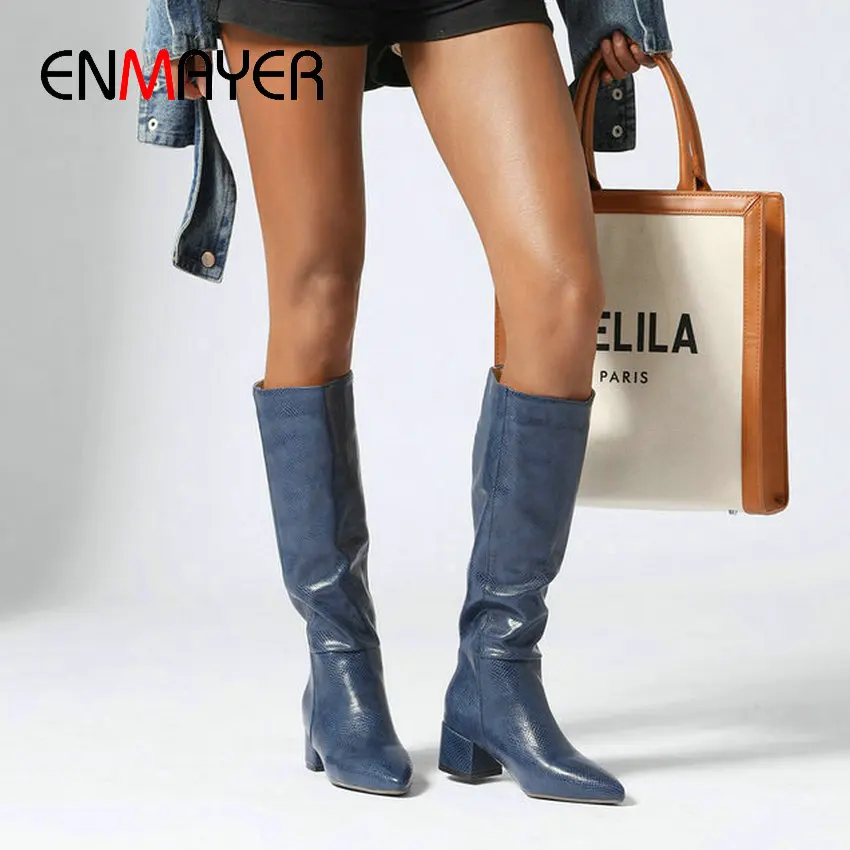 

ENMAYER 2023 Mid-Calf Women Boots Sexy Slip-On Square Heel Snake Pattern Pointed Toe Rain Boots Women Short Plush Women Shoes