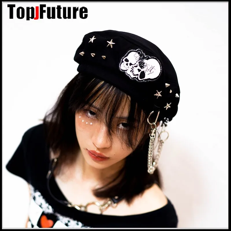 Harajuku Gothic Lolita Cosplay Rock Beret hat Cap Autumn Winter Y2K Girl Women\'s Punk Metallic Handmade skull decorative hats